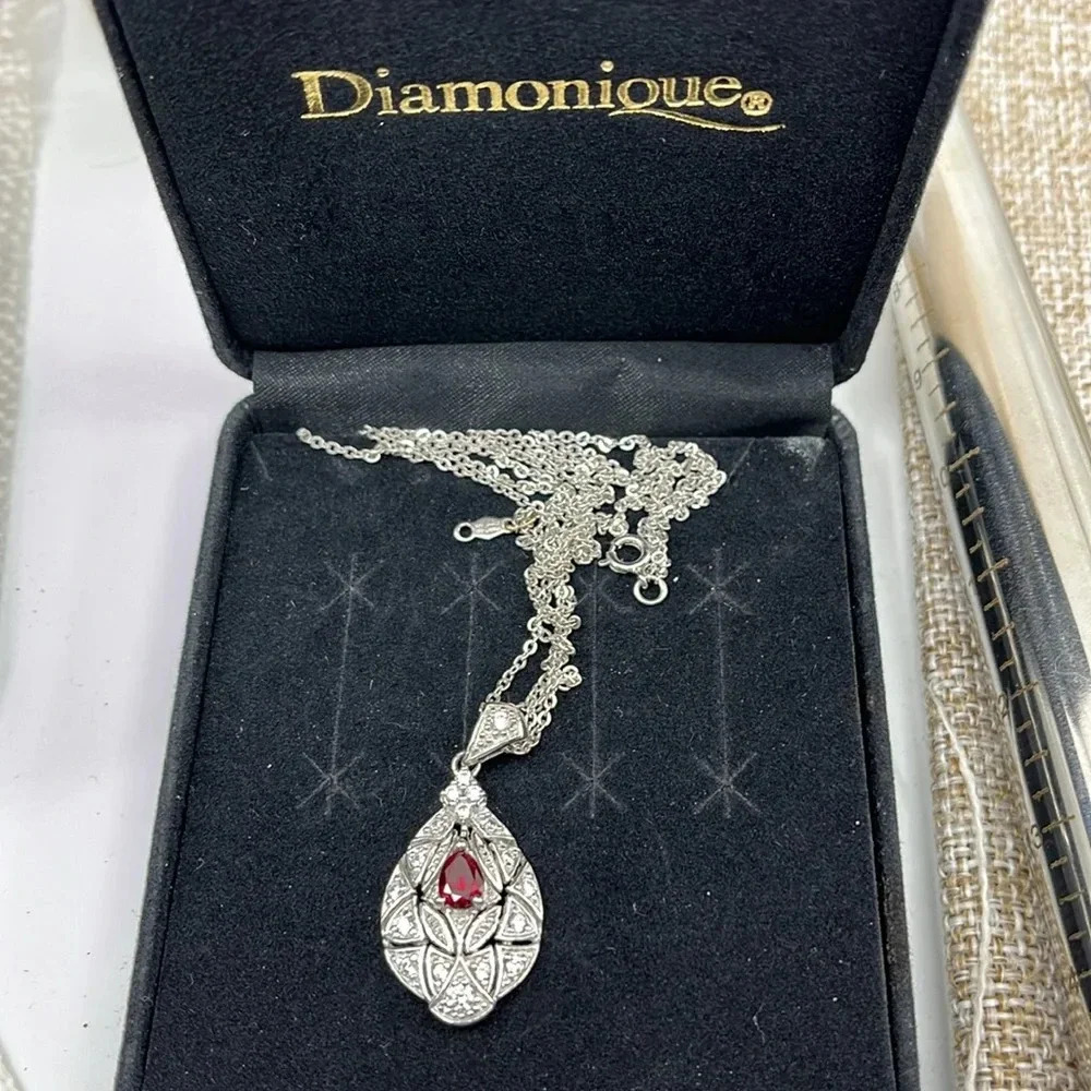 Vintage QVC Diamonique Garnet Necklace - Sterling Silver 925 - Picture 13 of 17